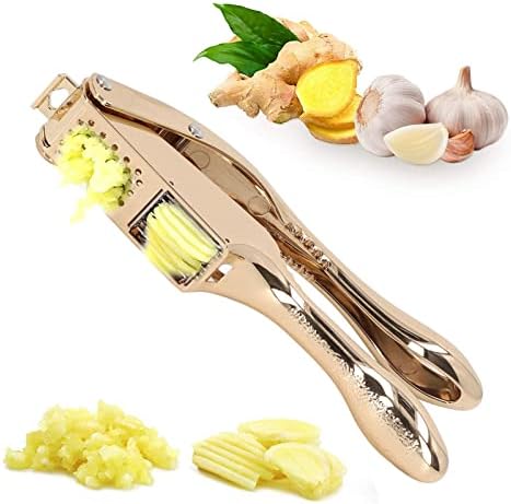 Gold Garlic Press 3 in 1 Heavy Duty Garlic Mincer Easy Squeeze Aluminium Alloy Multipurpose Garlic Crusher for Kitchen
