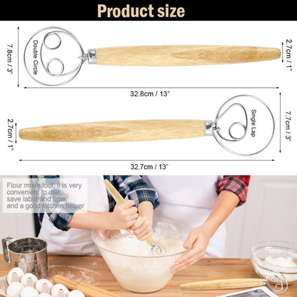 2 Pcs Rustproof Stainless Steel Ring Danish Dough Whisk, Wooden Bread Whisk, 13 inches Dutch Whisk for Cooking, Blending Whisking Stirring Sourdough Cake Pizza Pastry Biscuits Bread