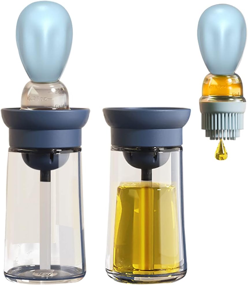 Oil Dispenser with Brush - Glass Olive Oil Dispenser for Cooking, 2 IN 1 Oil Dispensing Bottle for Kitchen with Silicone Basting Brush for Vinegar Sauce BBQ Grill Frying, T-OB21, Blue