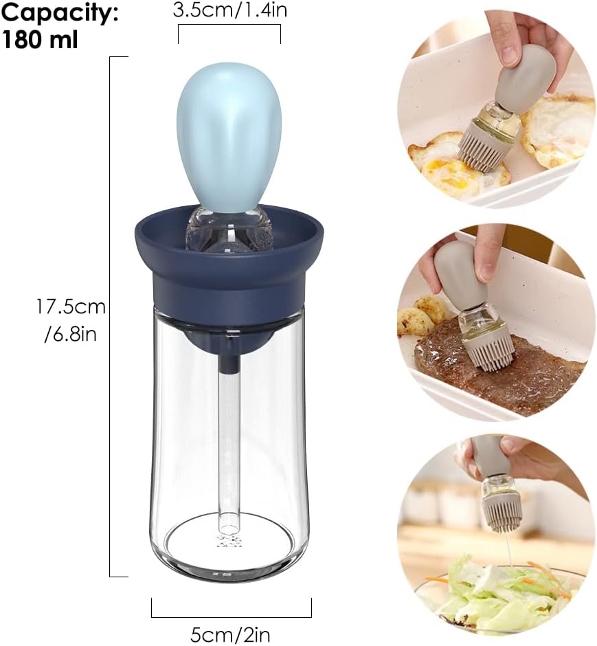 Oil Dispenser with Brush - Glass Olive Oil Dispenser for Cooking, 2 IN 1 Oil Dispensing Bottle for Kitchen with Silicone Basting Brush for Vinegar Sauce BBQ Grill Frying, T-OB21, Blue
