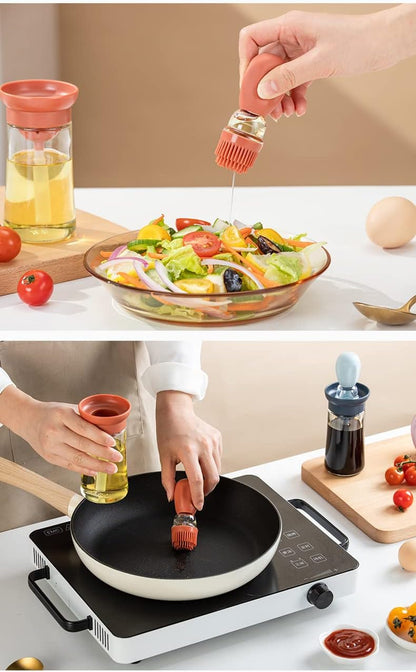 Oil Dispenser with Brush - Glass Olive Oil Dispenser for Cooking, 2 IN 1 Oil Dispensing Bottle for Kitchen with Silicone Basting Brush for Vinegar Sauce BBQ Grill Frying, T-OB21, Blue