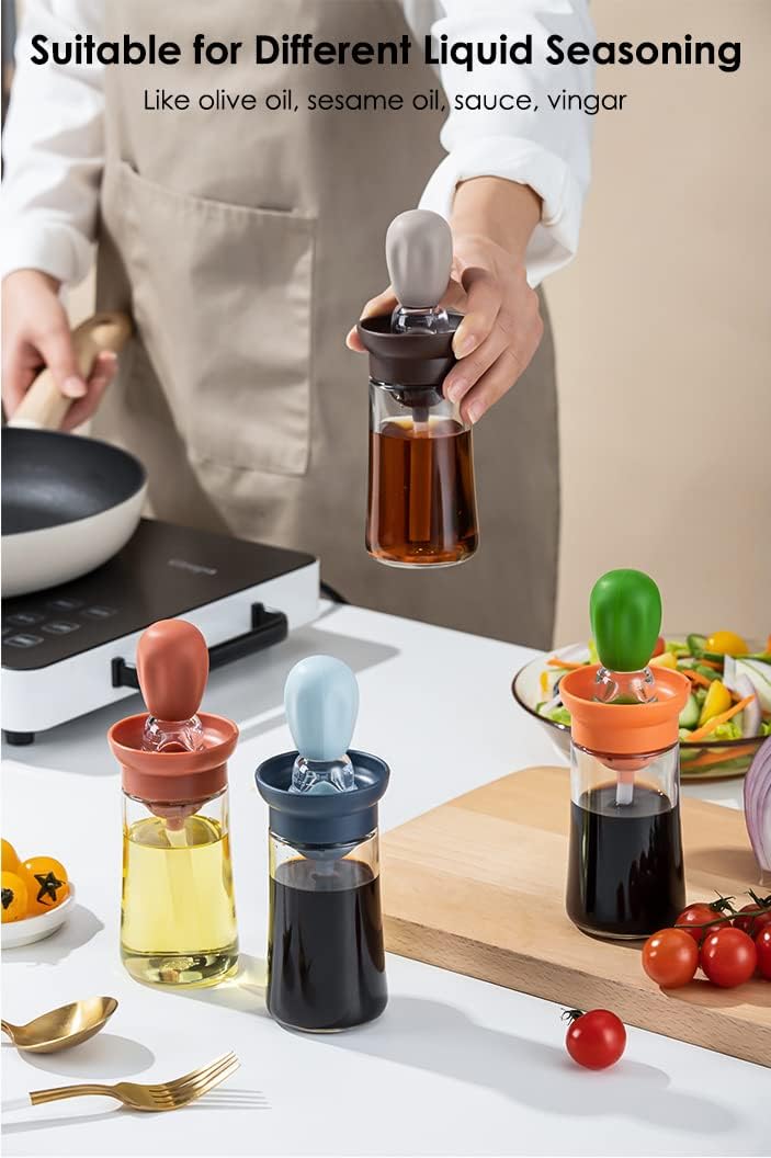 Oil Dispenser with Brush - Glass Olive Oil Dispenser for Cooking, 2 IN 1 Oil Dispensing Bottle for Kitchen with Silicone Basting Brush for Vinegar Sauce BBQ Grill Frying, T-OB21, Blue