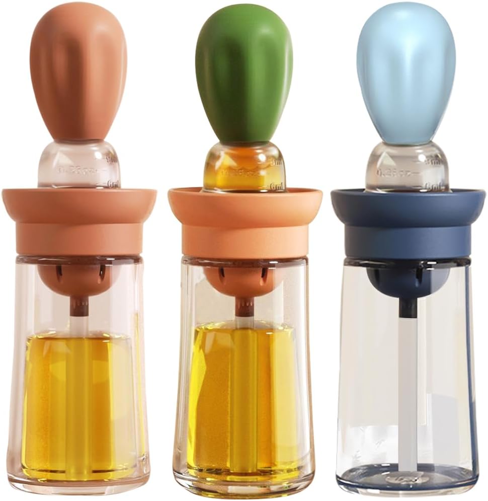 Oil Dispenser with Brush - Glass Olive Oil Dispenser for Cooking, 2 IN 1 Oil Dispensing Bottle for Kitchen with Silicone Basting Brush for Vinegar Sauce BBQ Grill Frying, T-OB21, Blue