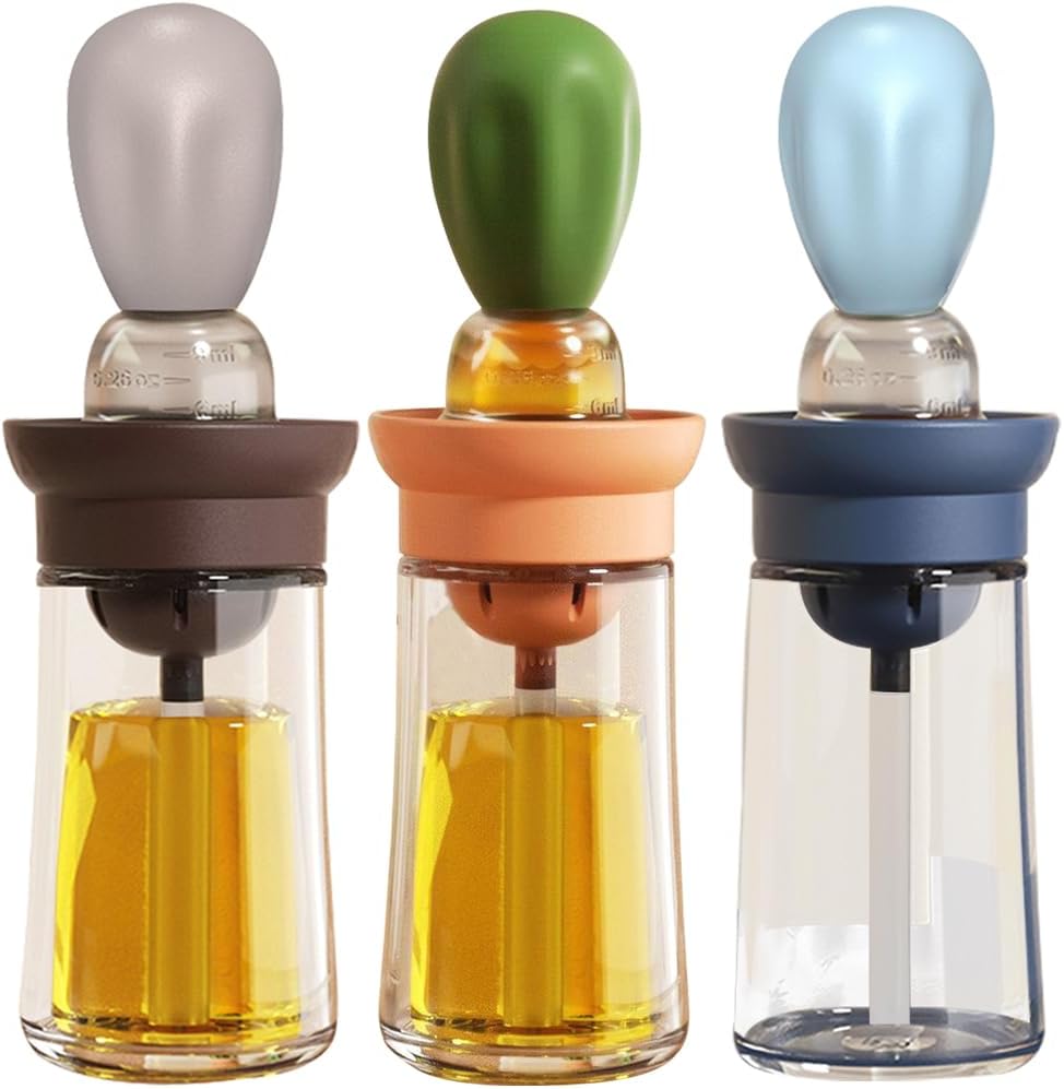 Oil Dispenser with Brush - Glass Olive Oil Dispenser for Cooking, 2 IN 1 Oil Dispensing Bottle for Kitchen with Silicone Basting Brush for Vinegar Sauce BBQ Grill Frying, T-OB21, Blue