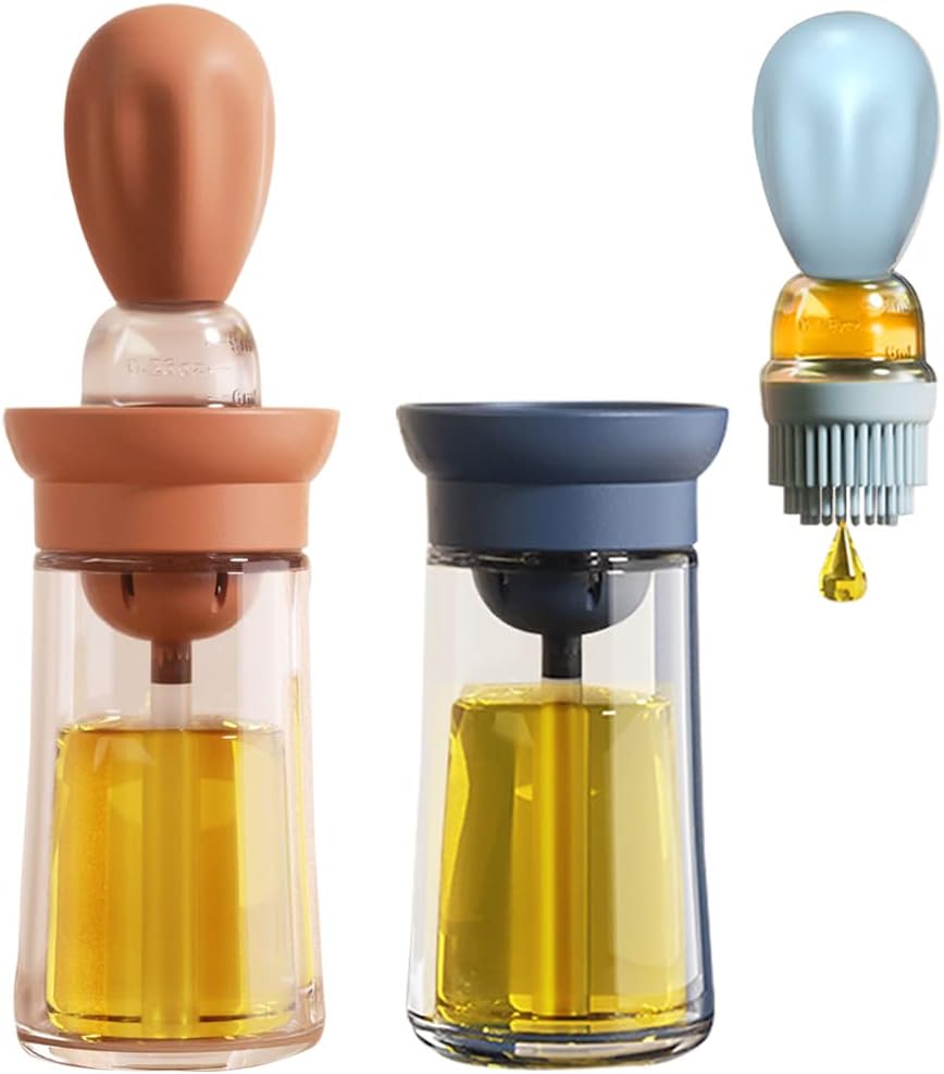 Oil Dispenser with Brush - Glass Olive Oil Dispenser for Cooking, 2 IN 1 Oil Dispensing Bottle for Kitchen with Silicone Basting Brush for Vinegar Sauce BBQ Grill Frying, T-OB21, Blue