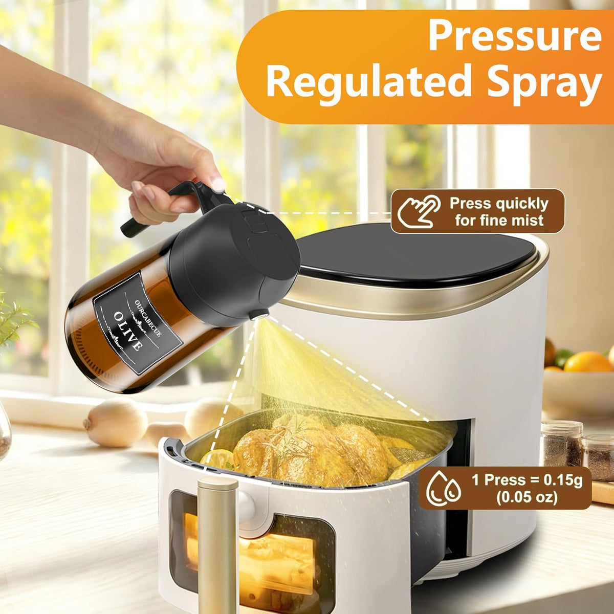 Olive Oil Sprayer & Dispenser Bottle for Cooking 16oz Dark Glass Oil Mister | 2-in-1 Oil Sprayer & Pourer, Fine mist, Light-Blocking, Wide Mouth for Easy Refill & Clean, 8 Oil Labels, Reusable
