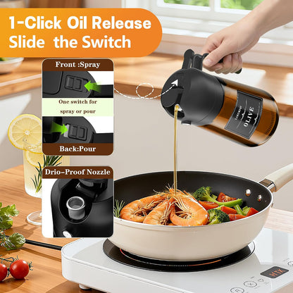 Olive Oil Sprayer & Dispenser Bottle for Cooking 16oz Dark Glass Oil Mister | 2-in-1 Oil Sprayer & Pourer, Fine mist, Light-Blocking, Wide Mouth for Easy Refill & Clean, 8 Oil Labels, Reusable
