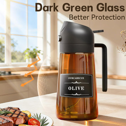 Olive Oil Sprayer & Dispenser Bottle for Cooking 16oz Dark Glass Oil Mister | 2-in-1 Oil Sprayer & Pourer, Fine mist, Light-Blocking, Wide Mouth for Easy Refill & Clean, 8 Oil Labels, Reusable