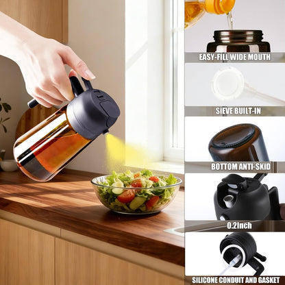 Olive Oil Sprayer & Dispenser Bottle for Cooking 16oz Dark Glass Oil Mister | 2-in-1 Oil Sprayer & Pourer, Fine mist, Light-Blocking, Wide Mouth for Easy Refill & Clean, 8 Oil Labels, Reusable