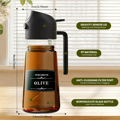 Olive Oil Sprayer & Dispenser Bottle for Cooking 16oz Dark Glass Oil Mister | 2-in-1 Oil Sprayer & Pourer, Fine mist, Light-Blocking, Wide Mouth for Easy Refill & Clean, 8 Oil Labels, Reusable