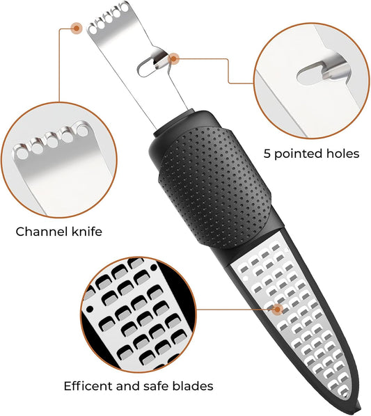 3 in 1 Citrus Zester Tool, Lemon Citrus, Orange Zester and Grater | 304 Stainless Steel, Citrus Zester, Cheese Grater, Chanel Knife, Non-Slip, Easy to Clean, Dishwasher Safe
