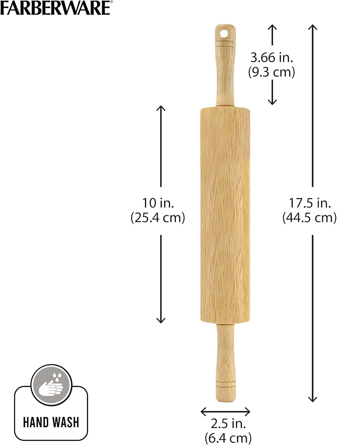 Classic Wood Rolling Pin, 18-Inch Hardwood Dough Roller for Baking Pizza, Pies, Pastry and Cookies, Ergonomic Handles, Kitchen Essential