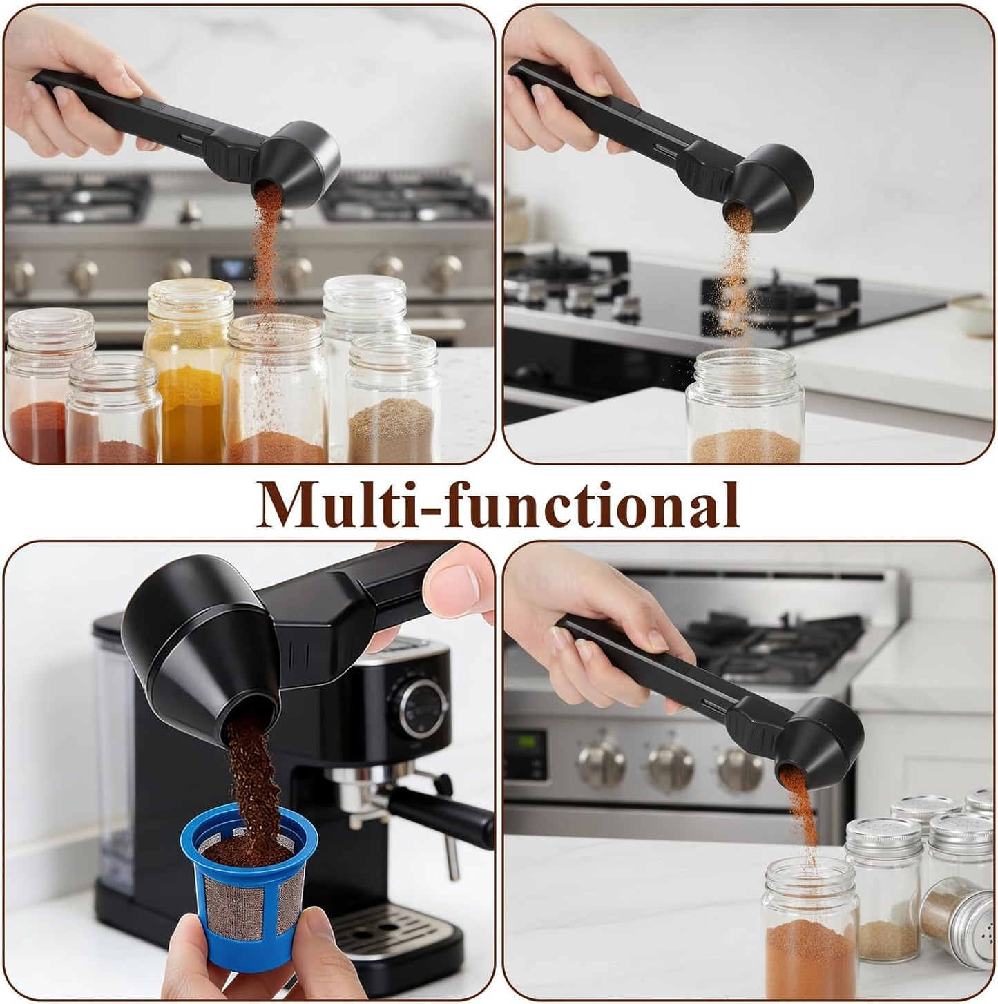 Coffee Scoop & Funnel for Reusable Refillable Coffee Pods Scoop with Funnel for Ground Coffees Mess-Free Measuring Spoon 2 Tablespoon Capacity Scooper Tea without Spilling with a Brush