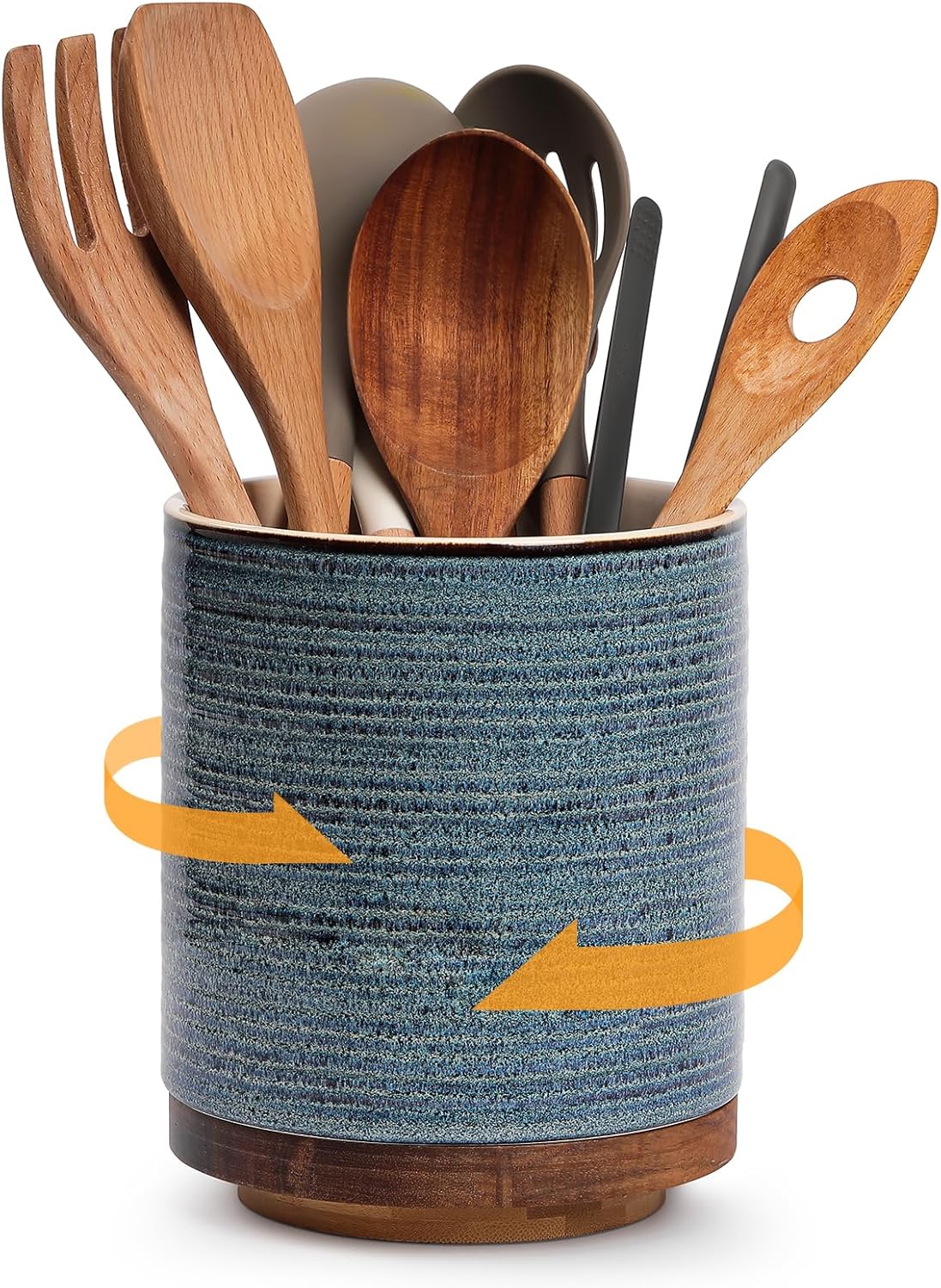 360° Rotating Extra Large Cooking Utensil Holder, 7.6" Kitchen Utensil Holder for Countertop, Utensil Crock for Farmhouse Kitchen Decor, Ceramic Stable Utensil Caddy, Blue