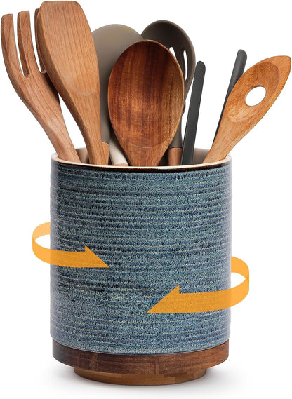 360° Rotating Extra Large Cooking Utensil Holder, 7.6" Kitchen Utensil Holder for Countertop, Utensil Crock for Farmhouse Kitchen Decor, Ceramic Stable Utensil Caddy, Blue