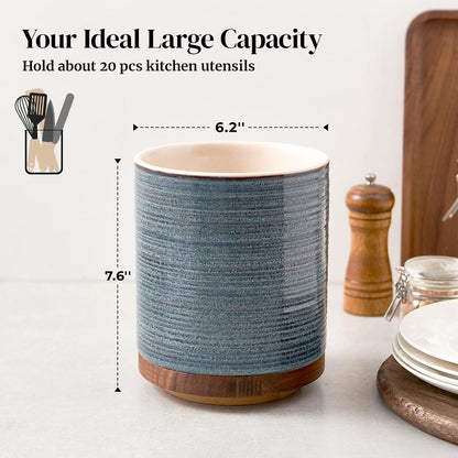 360° Rotating Extra Large Cooking Utensil Holder, 7.6" Kitchen Utensil Holder for Countertop, Utensil Crock for Farmhouse Kitchen Decor, Ceramic Stable Utensil Caddy, Blue
