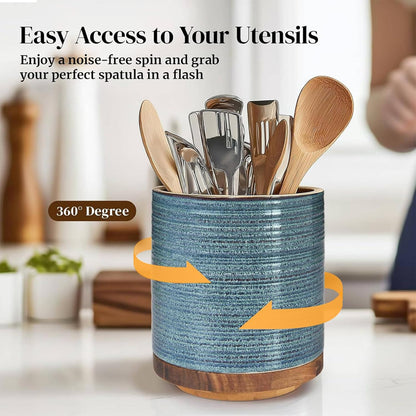 360° Rotating Extra Large Cooking Utensil Holder, 7.6" Kitchen Utensil Holder for Countertop, Utensil Crock for Farmhouse Kitchen Decor, Ceramic Stable Utensil Caddy, Blue