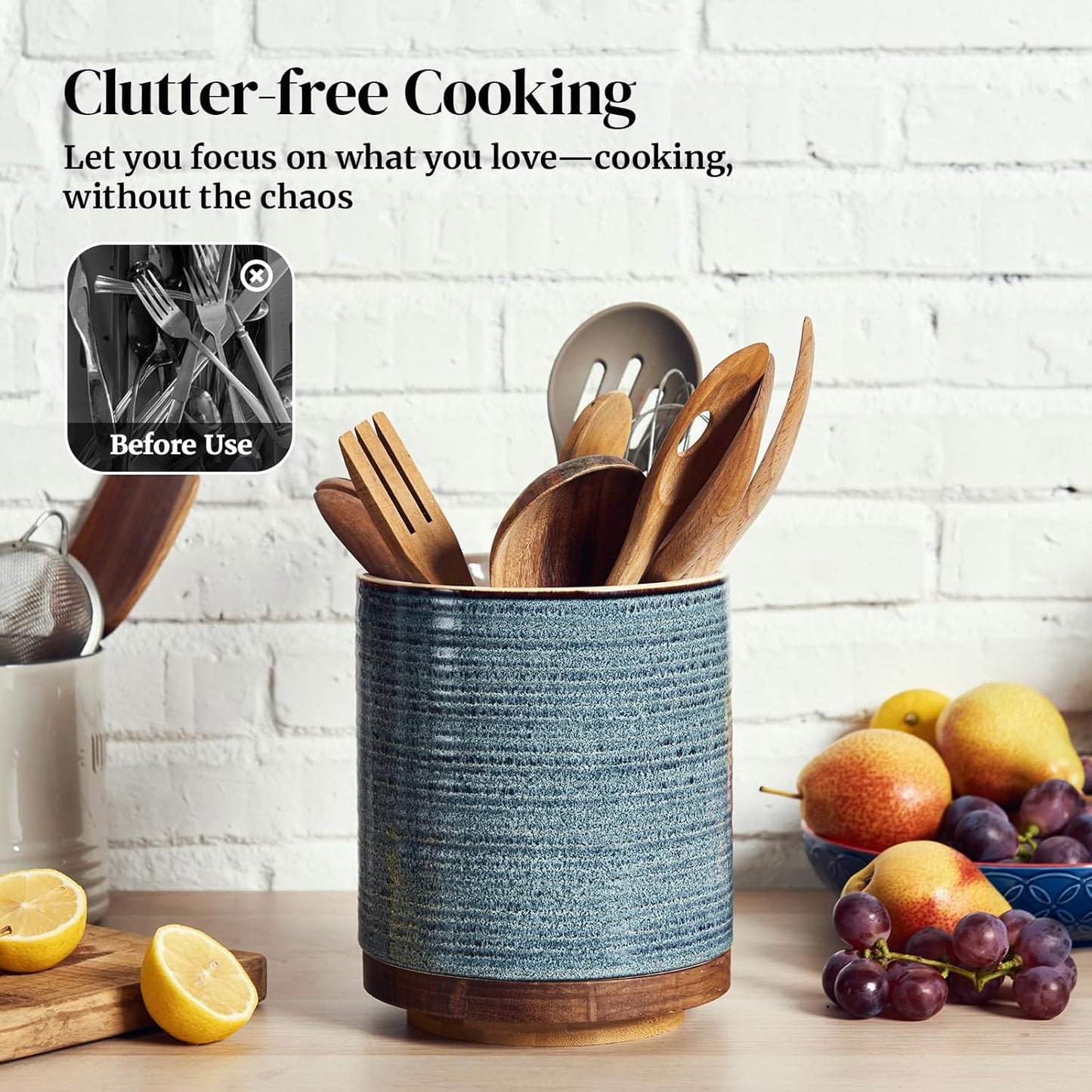 360° Rotating Extra Large Cooking Utensil Holder, 7.6" Kitchen Utensil Holder for Countertop, Utensil Crock for Farmhouse Kitchen Decor, Ceramic Stable Utensil Caddy, Blue