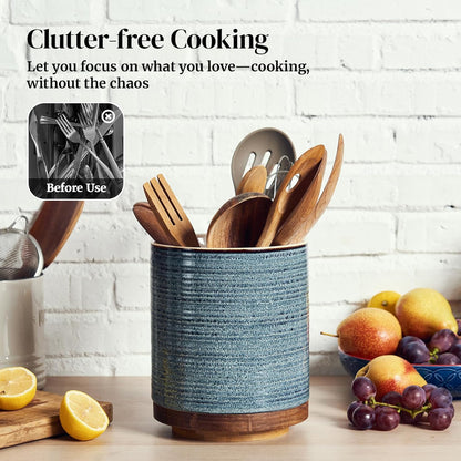 360° Rotating Extra Large Cooking Utensil Holder, 7.6" Kitchen Utensil Holder for Countertop, Utensil Crock for Farmhouse Kitchen Decor, Ceramic Stable Utensil Caddy, Blue