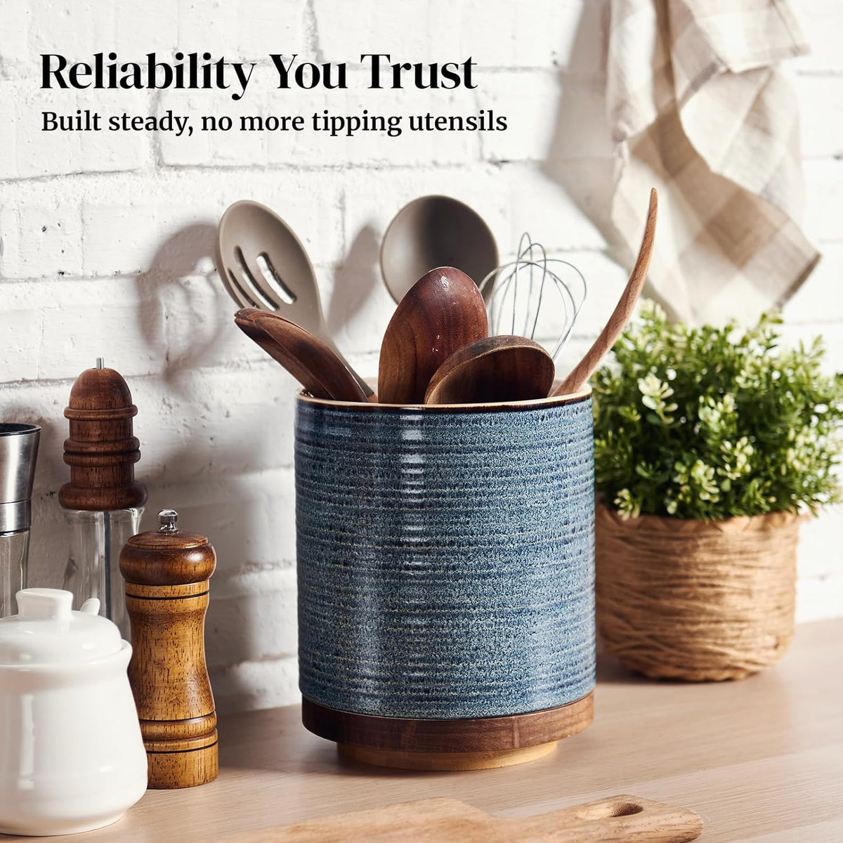 360° Rotating Extra Large Cooking Utensil Holder, 7.6" Kitchen Utensil Holder for Countertop, Utensil Crock for Farmhouse Kitchen Decor, Ceramic Stable Utensil Caddy, Blue