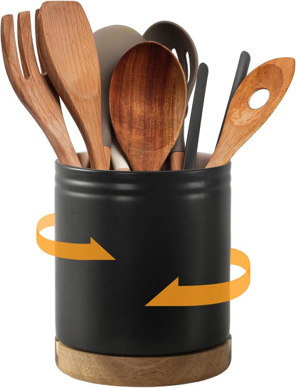 360° Rotating Extra Large Cooking Utensil Holder, 7.6" Kitchen Utensil Holder for Countertop, Utensil Crock for Farmhouse Kitchen Decor, Ceramic Stable Utensil Caddy, Blue