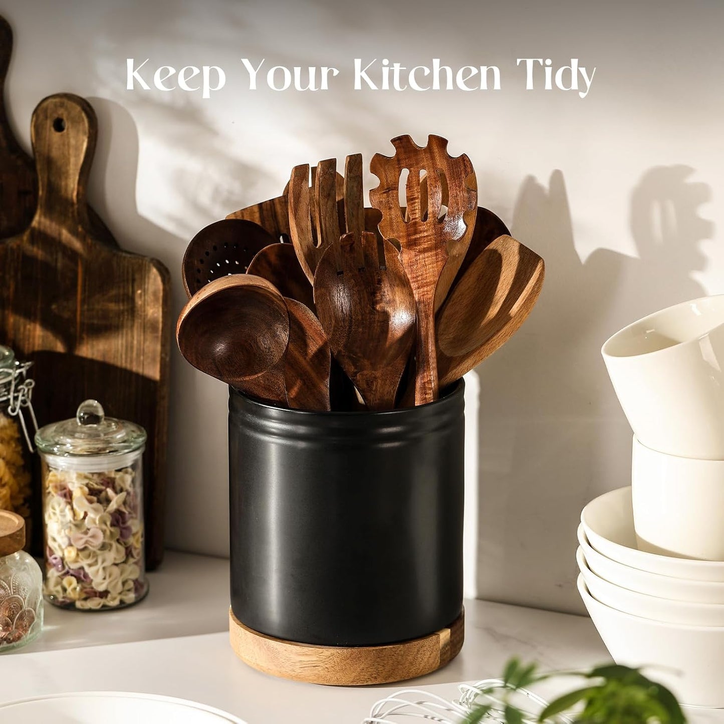 360° Rotating Extra Large Cooking Utensil Holder, 7.6" Kitchen Utensil Holder for Countertop, Utensil Crock for Farmhouse Kitchen Decor, Ceramic Stable Utensil Caddy, Blue