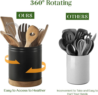 360° Rotating Extra Large Cooking Utensil Holder, 7.6" Kitchen Utensil Holder for Countertop, Utensil Crock for Farmhouse Kitchen Decor, Ceramic Stable Utensil Caddy, Blue