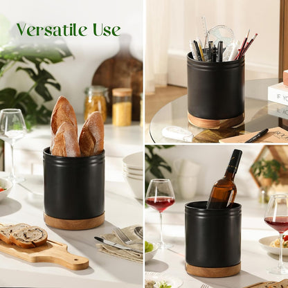 360° Rotating Extra Large Cooking Utensil Holder, 7.6" Kitchen Utensil Holder for Countertop, Utensil Crock for Farmhouse Kitchen Decor, Ceramic Stable Utensil Caddy, Blue