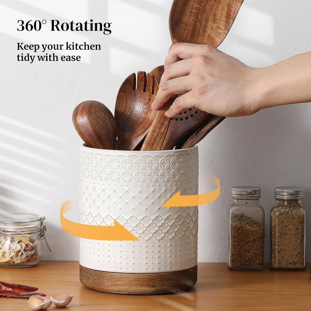 360° Rotating Extra Large Cooking Utensil Holder, 7.6" Kitchen Utensil Holder for Countertop, Utensil Crock for Farmhouse Kitchen Decor, Ceramic Stable Utensil Caddy, Blue