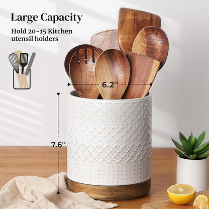 360° Rotating Extra Large Cooking Utensil Holder, 7.6" Kitchen Utensil Holder for Countertop, Utensil Crock for Farmhouse Kitchen Decor, Ceramic Stable Utensil Caddy, Blue