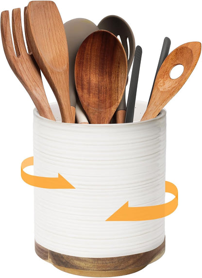 360° Rotating Extra Large Cooking Utensil Holder, 7.6" Kitchen Utensil Holder for Countertop, Utensil Crock for Farmhouse Kitchen Decor, Ceramic Stable Utensil Caddy, Blue