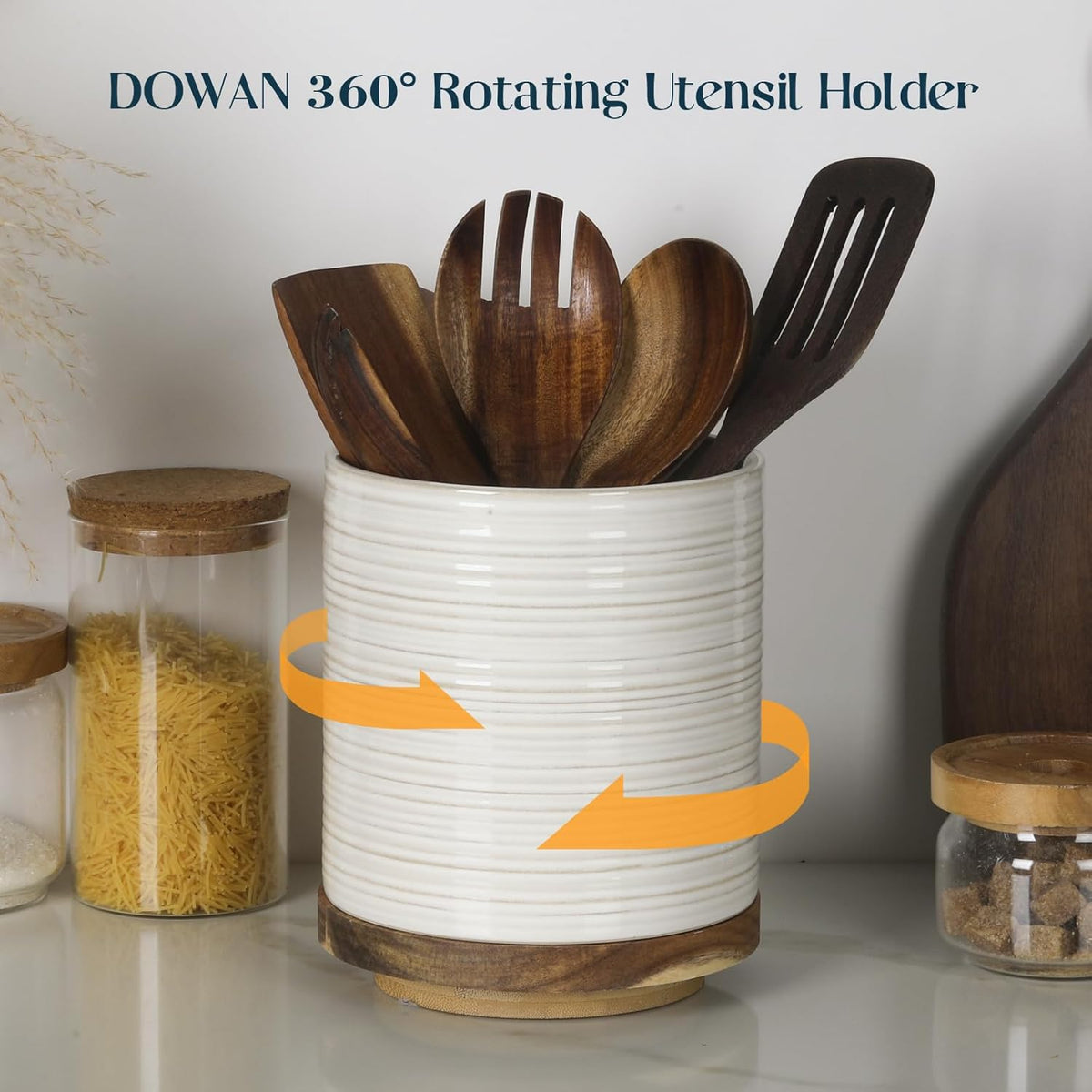 360° Rotating Extra Large Cooking Utensil Holder, 7.6" Kitchen Utensil Holder for Countertop, Utensil Crock for Farmhouse Kitchen Decor, Ceramic Stable Utensil Caddy, Blue