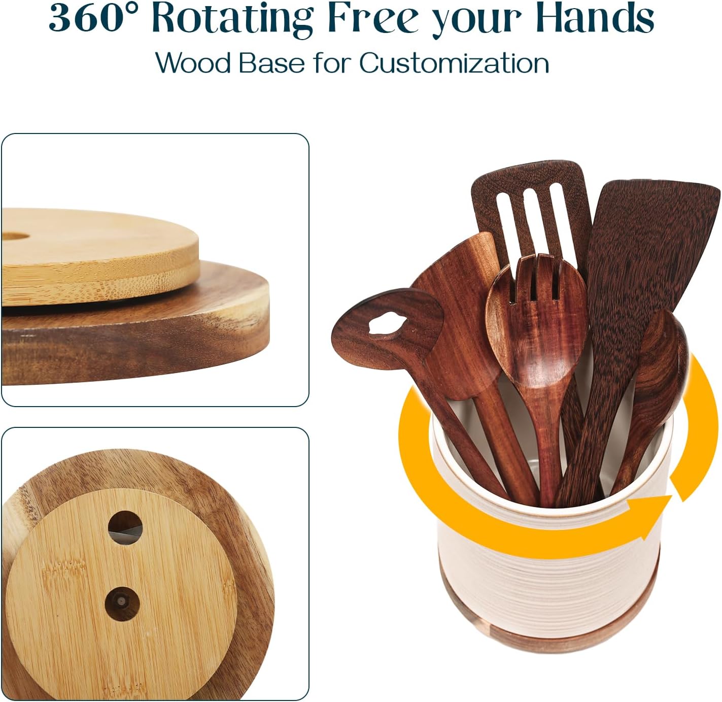 360° Rotating Extra Large Cooking Utensil Holder, 7.6" Kitchen Utensil Holder for Countertop, Utensil Crock for Farmhouse Kitchen Decor, Ceramic Stable Utensil Caddy, Blue