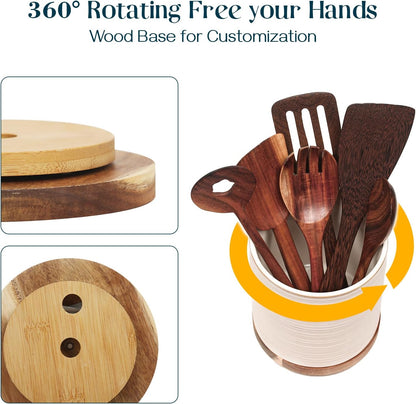 360° Rotating Extra Large Cooking Utensil Holder, 7.6" Kitchen Utensil Holder for Countertop, Utensil Crock for Farmhouse Kitchen Decor, Ceramic Stable Utensil Caddy, Blue