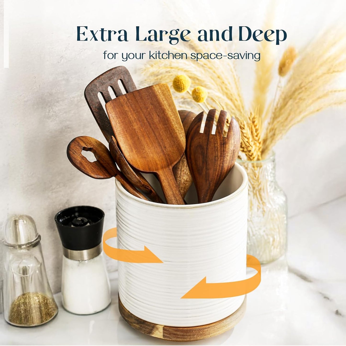 360° Rotating Extra Large Cooking Utensil Holder, 7.6" Kitchen Utensil Holder for Countertop, Utensil Crock for Farmhouse Kitchen Decor, Ceramic Stable Utensil Caddy, Blue