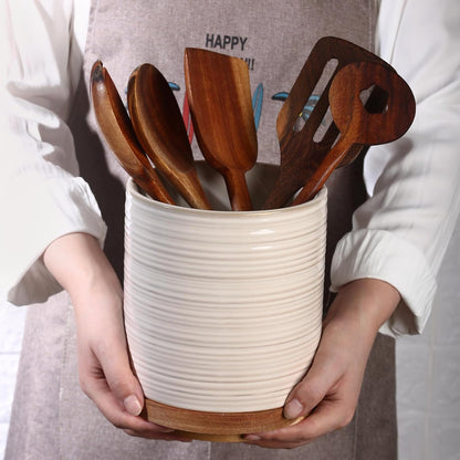 360° Rotating Extra Large Cooking Utensil Holder, 7.6" Kitchen Utensil Holder for Countertop, Utensil Crock for Farmhouse Kitchen Decor, Ceramic Stable Utensil Caddy, Blue