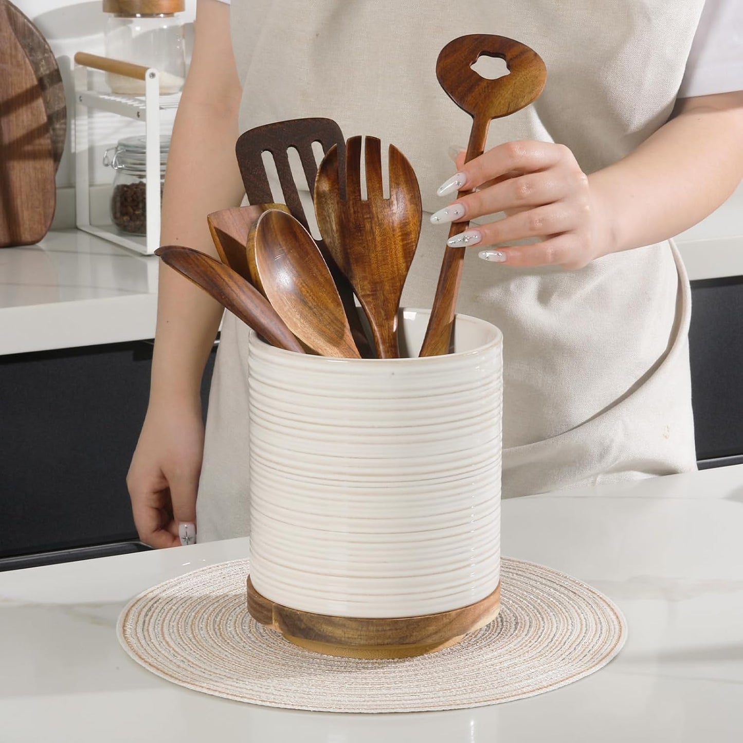 360° Rotating Extra Large Cooking Utensil Holder, 7.6" Kitchen Utensil Holder for Countertop, Utensil Crock for Farmhouse Kitchen Decor, Ceramic Stable Utensil Caddy, Blue
