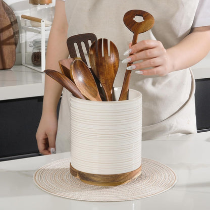 360° Rotating Extra Large Cooking Utensil Holder, 7.6" Kitchen Utensil Holder for Countertop, Utensil Crock for Farmhouse Kitchen Decor, Ceramic Stable Utensil Caddy, Blue