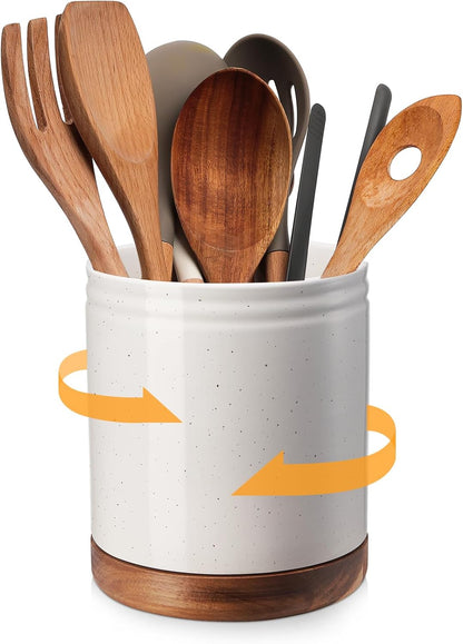 360° Rotating Extra Large Cooking Utensil Holder, 7.6" Kitchen Utensil Holder for Countertop, Utensil Crock for Farmhouse Kitchen Decor, Ceramic Stable Utensil Caddy, Blue