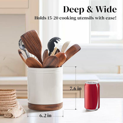 360° Rotating Extra Large Cooking Utensil Holder, 7.6" Kitchen Utensil Holder for Countertop, Utensil Crock for Farmhouse Kitchen Decor, Ceramic Stable Utensil Caddy, Blue