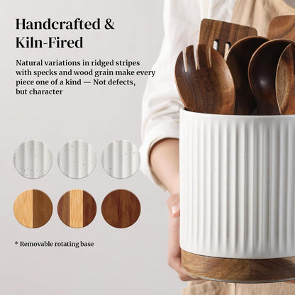 360° Rotating Extra Large Cooking Utensil Holder, 7.6" Kitchen Utensil Holder for Countertop, Utensil Crock for Farmhouse Kitchen Decor, Ceramic Stable Utensil Caddy, Blue