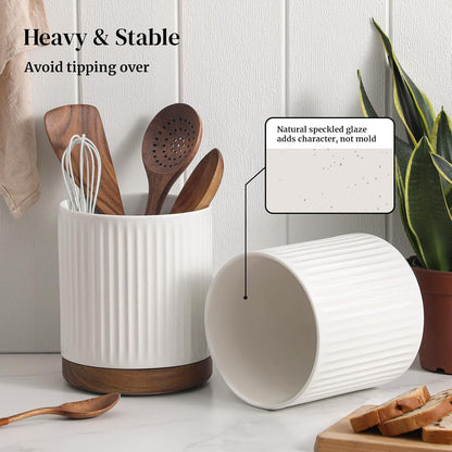 360° Rotating Extra Large Cooking Utensil Holder, 7.6" Kitchen Utensil Holder for Countertop, Utensil Crock for Farmhouse Kitchen Decor, Ceramic Stable Utensil Caddy, Blue