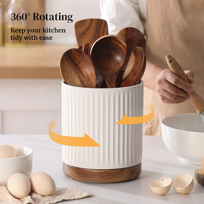 360° Rotating Extra Large Cooking Utensil Holder, 7.6" Kitchen Utensil Holder for Countertop, Utensil Crock for Farmhouse Kitchen Decor, Ceramic Stable Utensil Caddy, Blue