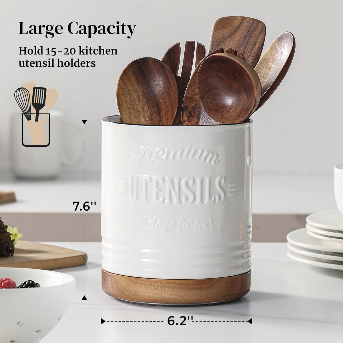 360° Rotating Extra Large Cooking Utensil Holder, 7.6" Kitchen Utensil Holder for Countertop, Utensil Crock for Farmhouse Kitchen Decor, Ceramic Stable Utensil Caddy, Blue