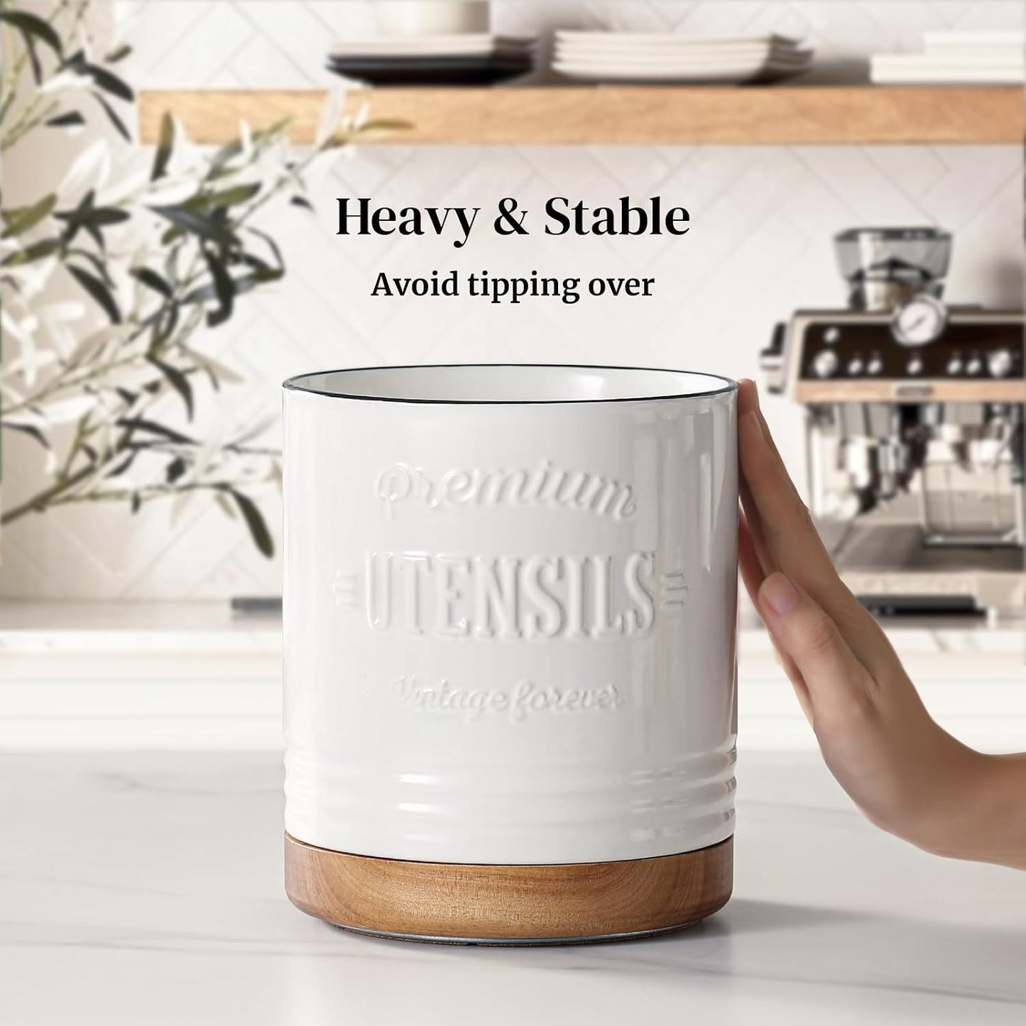 360° Rotating Extra Large Cooking Utensil Holder, 7.6" Kitchen Utensil Holder for Countertop, Utensil Crock for Farmhouse Kitchen Decor, Ceramic Stable Utensil Caddy, Blue