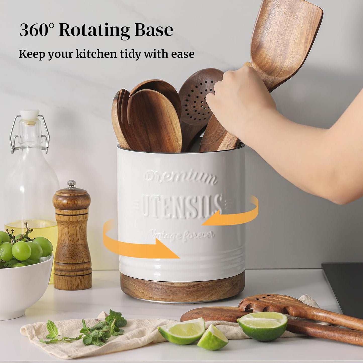 360° Rotating Extra Large Cooking Utensil Holder, 7.6" Kitchen Utensil Holder for Countertop, Utensil Crock for Farmhouse Kitchen Decor, Ceramic Stable Utensil Caddy, Blue