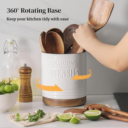 360° Rotating Extra Large Cooking Utensil Holder, 7.6" Kitchen Utensil Holder for Countertop, Utensil Crock for Farmhouse Kitchen Decor, Ceramic Stable Utensil Caddy, Blue