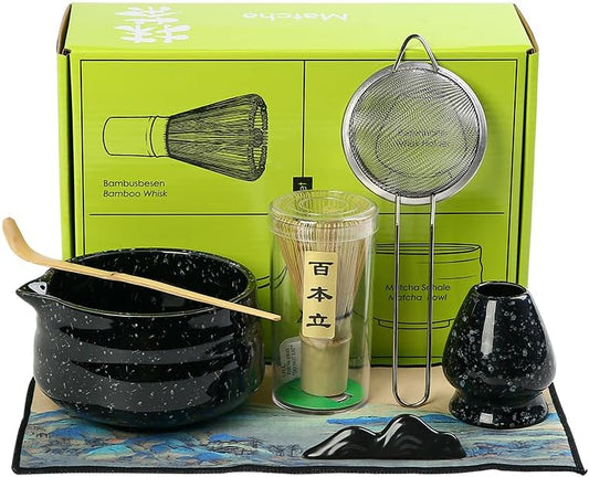 7pcs matcha whisk set Includes Matcha Bowl, Matcha Whisk Holder, Bamboo Matcha Whisk, Scoop and Matcha Sifter, 15 oz Mottled Matcha Kit for Tea Lovers matcha Set