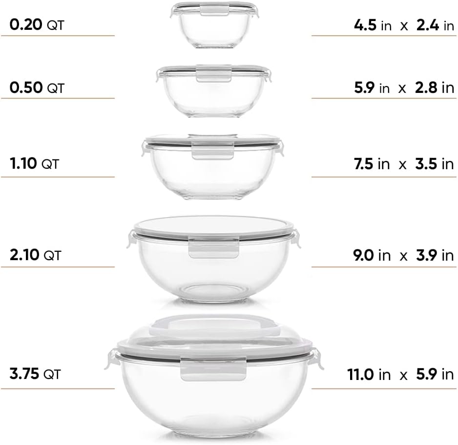 Kitchen Mixing Bowls. 5pc Glass Bowls with Lids Set – Neat Nesting Bowls. Large Mixing Bowl Set incl Batter Bowl, Cooking Bowls, Storage Bowls with Lids and Big Salad Bowl with BPA-Free Lids