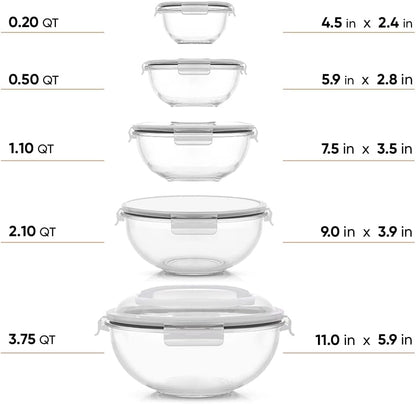 Kitchen Mixing Bowls. 5pc Glass Bowls with Lids Set – Neat Nesting Bowls. Large Mixing Bowl Set incl Batter Bowl, Cooking Bowls, Storage Bowls with Lids and Big Salad Bowl with BPA-Free Lids